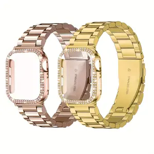 Metal Watch Band & Protective Case Combo For Apple Watch Series 11 10 Ultra3 Ultra SE3 SE 9 8 7 6 5 4 Replacement Business Stainless Steel Watch Strap + Charming Rhinestone Cover Case For iWatch 46mm 49mm 45mm 44mm 42mm 41mm 40mm Wristband with Tool