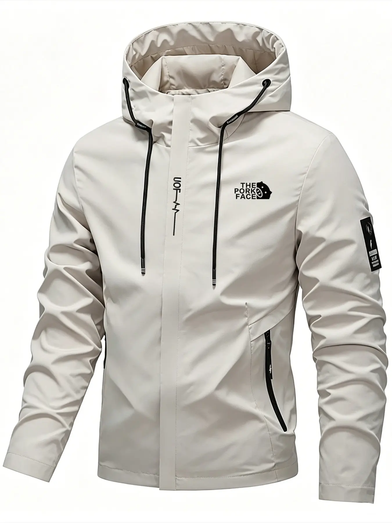 Logo Print the Pork Face Wind-Resistant Hardshell Jacket, All-Season Loose-Fit, Breathable & Waterproof, Ideal for Hiking, School, Work