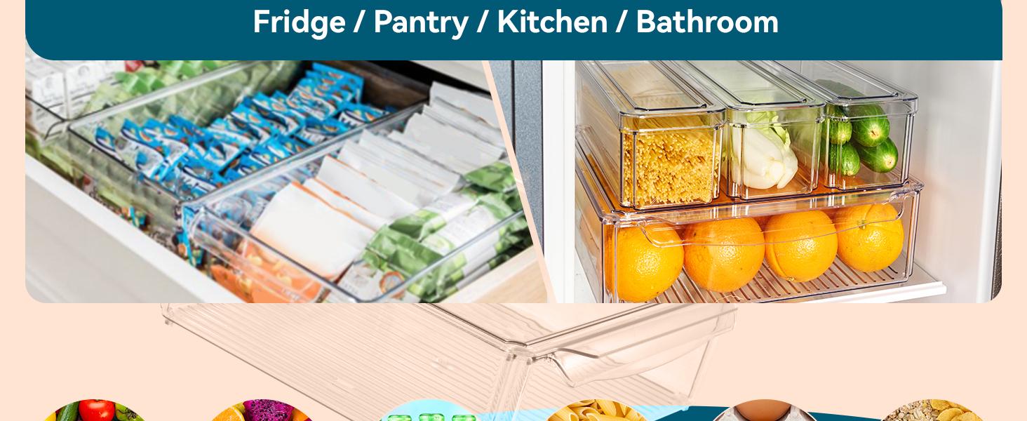 10 Pack Clear Fridge Organizer, Stackable Refrigerator Organizer Bins with Lids, Fridge Storage Containers for Kitchen, Food, Cabinets, Fruits, Vegetables, Cereals