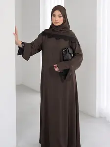Elegant Arabic Style Women's Lace Dress Set, Split Sleeve Design, Includes Lace Headscarf, Nida Fabric, Fashionable and Comfortable