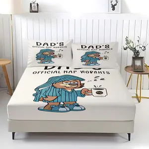 Father's Day Fitted Sheet Set, Cartoon Bear Print, Dad's Official Nap Rights, Non-Slip, Breathable Fabric, Perfect Gift for Dad