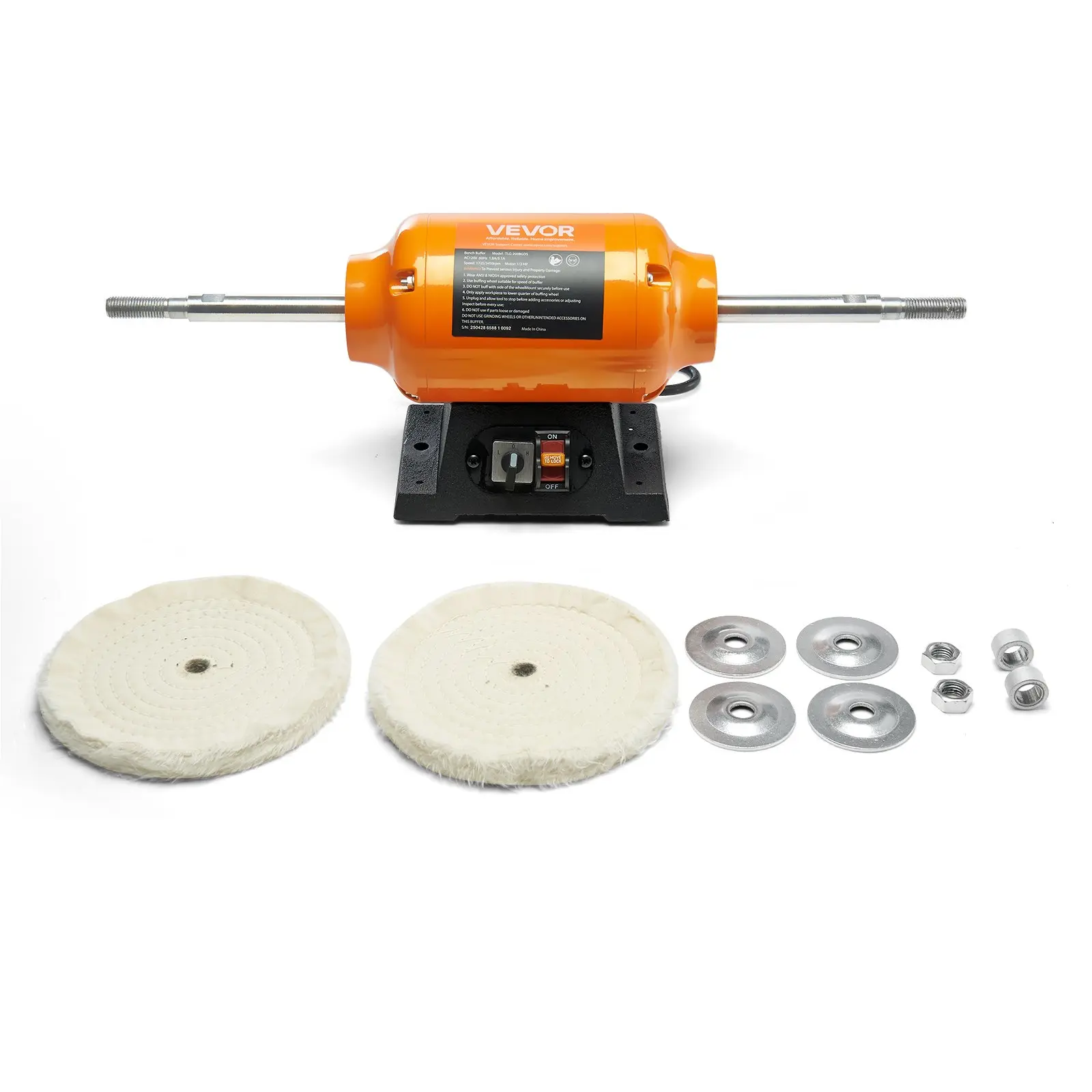 VEVOR 1/2HP Bench Buffer Polisher for Polishing and Buffing, 8-in Dual-Speed 1725RPM/3450RPM Machine with 2 Cotton Wheels, Cast Iron Base, Precision Control, Vibration Reduction for DIY Enthusiasts’ Home Workshops (Plastic, Metal Use)