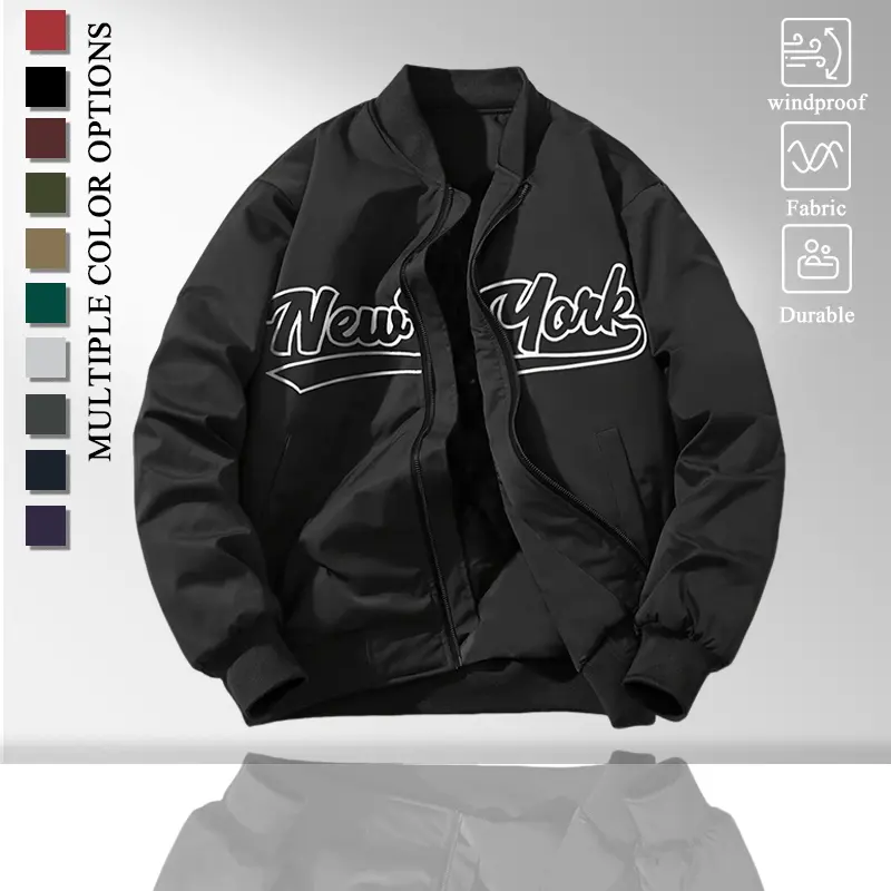 Men Rib Stand Collar Full Zip Casual Jacket, Windproof Lightweight Shell Outer Jacket with New York Letter Graphic Print, Rib Elastic Cuffs & Hem Side Storage Pockets Loose Fit Outerwear for Daily Walking Driving Sports Street Outfit, Wide Range of Classi