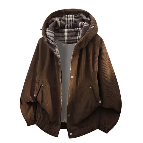 Men's Medium Corduroy Hooded Stylish Vintage Long Sleeves Coat - Menswear Lightweight Streetwear Clothing, Spring & Autumn Adjustable Drawstring Hood, Metal Snap Buttons, Drop Shoulder Casual Outerwear