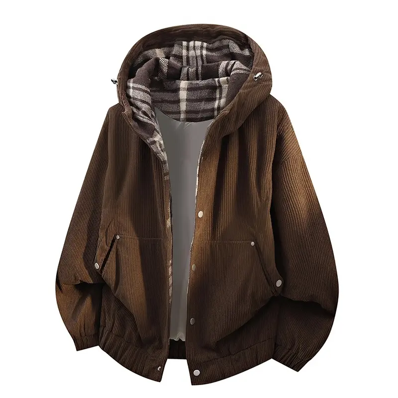 Corduroy Jacket, Trendy American Retro Hooded Jacket For Men, New Spring And Autumn Casual Jacket For Young People, Adjustable Drawstring Hood With Metal Snap Buttons, Drop-Shoulder Trendy Top