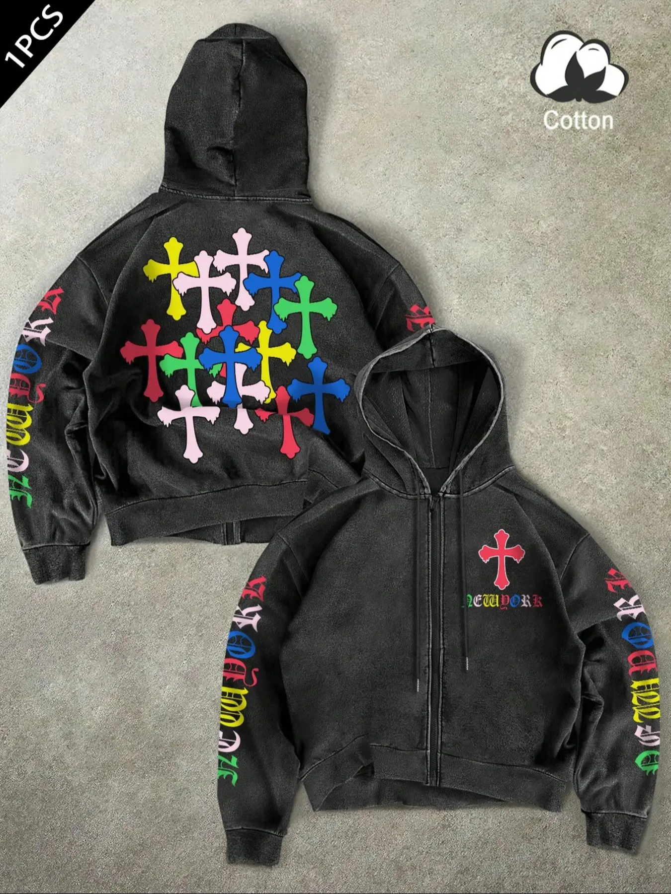 Men's Cotton Zipper Cardigan Sweatshirt, Dopamine Cross Pattern Print, Loose-Fitting Casual Long Sleeve Hoodie, Fashionable Daily Wear Top
