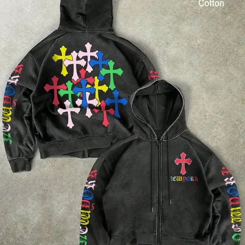 Men's Cotton Zipper Hooded Sweatshirt, Dopamine Cross Pattern, Loose-Fitting Casual Long Sleeve Graphic Hoodie, Fashionable Top for Daily Wear, Streetwear