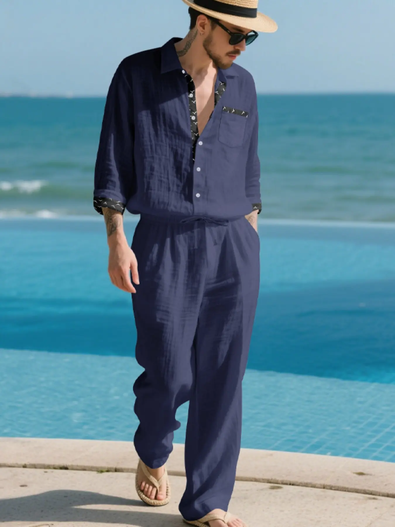 Men's linen blended collar long-sleeved pants two-piece set - color-matched front placket casual resort-style outfit - breathable, loose and smooth fit - versatile for daily commuting and outings