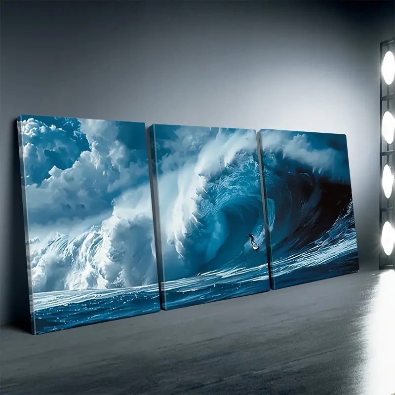 2D flat painting, 2D flat picture frame, 2D flat art, 3-piece set with a surfing theme! Framed canvas art set featuring dynamic giant waves surfing scene, suitable for living rooms, offices, and cafes--abstract wall decoration, perfect gift for birthdays,