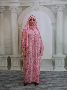 Middle Eastern Muslim Women's Traditional Scarf Prayer Dress, Fashion All-Over Print Long Robe, Loose-Fit Long Sleeve H-Type