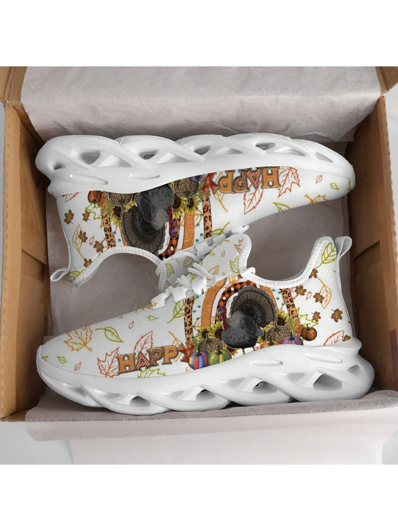 Happy Fall Turkey Maple Leaf Print Hollow Cut Chunky Man Woman Sole Sneakers, Breathable Lace Up Light Weight Thanksgiving Holiday Walking Shoes