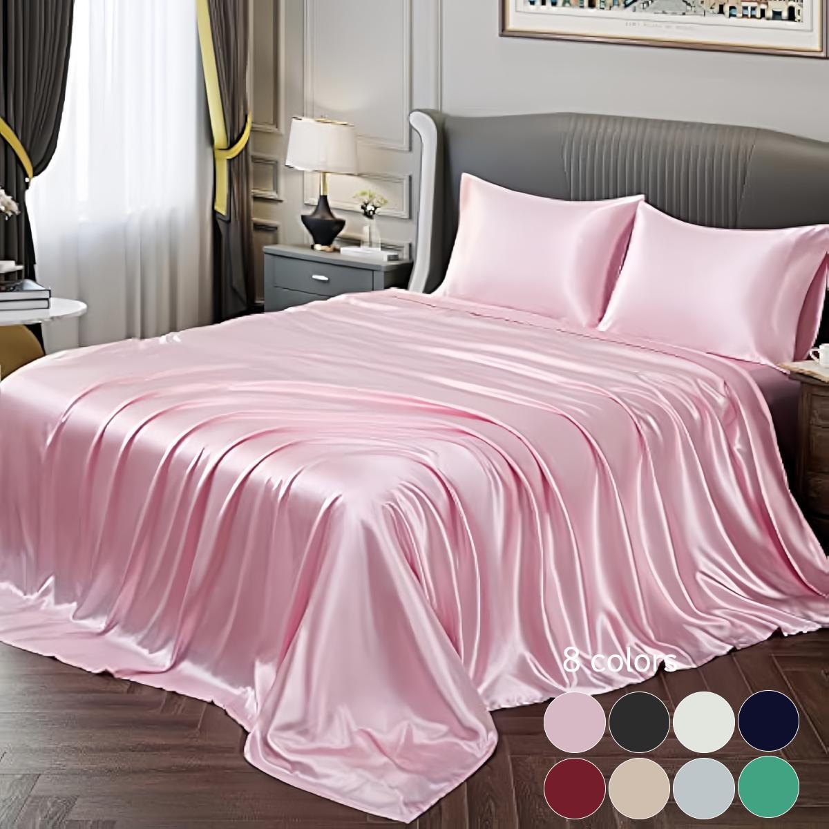 Solid Color Satin Bedding Set, 3/4 Counts Luxury Bedroom Bed Sheets Includes 1 Flat Sheet, 1 Fitted Sheet, and 1/2 Pillowcase without Filler, Room Accessories, Silky Fitted Sheet