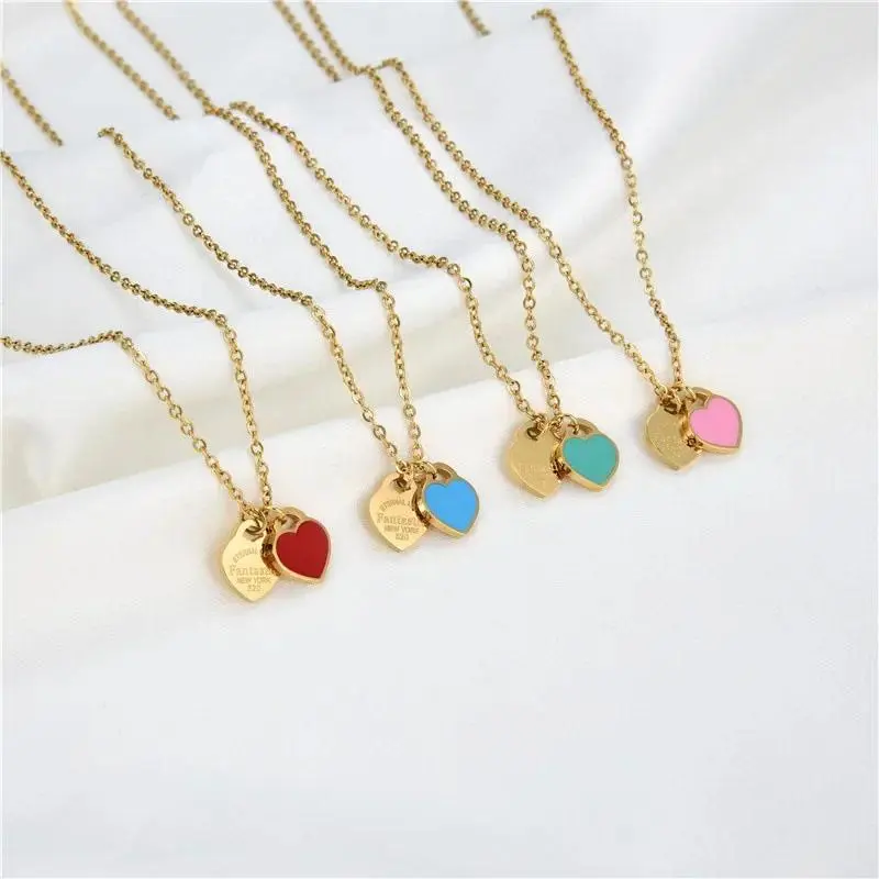 18K Gold Plated Double Peach Heart Stainless Steel Pendant Necklace Women Love Enamel Heart Pendant Steel Necklace Gift Jewelry