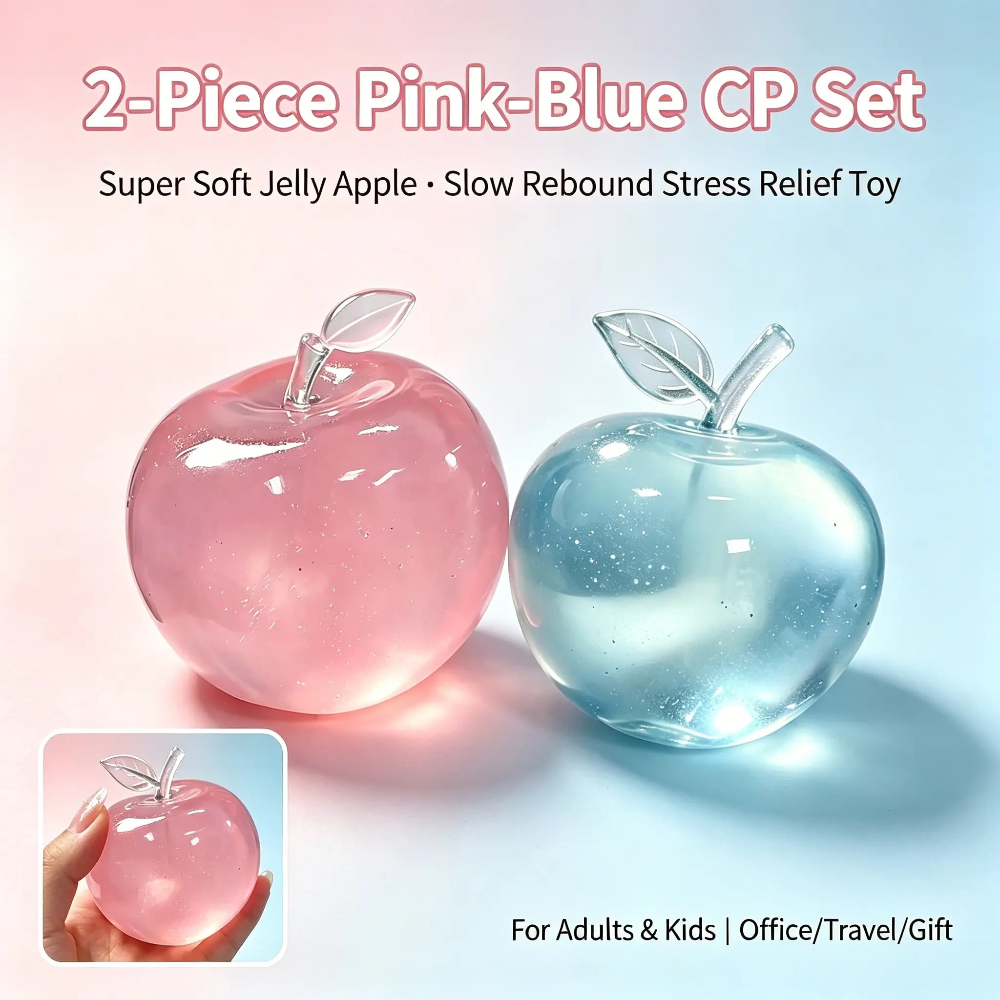 Slow Rise Mochi Apple Squishy Toy 2 Pack - Soft Stress Relief Sensory Fidget for Anxiety, Kids & Adults, Desk Travel Birthday Gift (Pink & Blue)