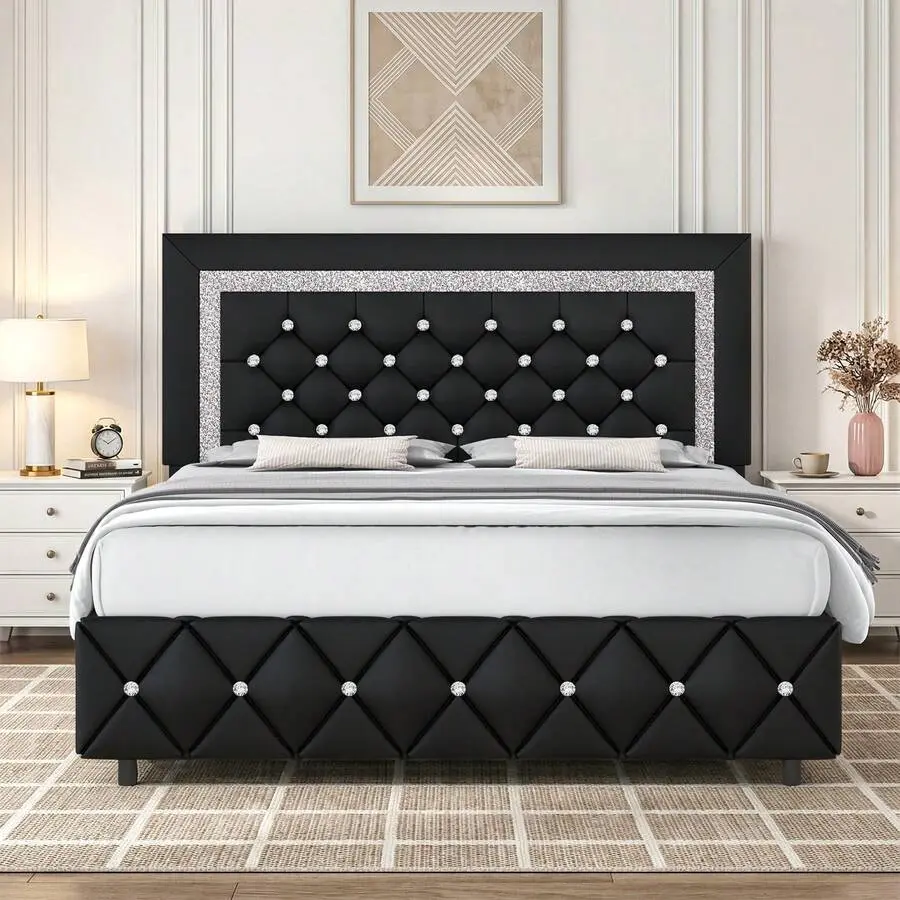 Twin/ Full/ Queen/ King Size Bed Frame, Upholstered Bed Frame With Diamond Headboard And Footboard, Pearl White/ Beige/ Black/ Grey/ Pink/ Purple/ Green, Diamond Trim Headboard, Upholstered Platform Bedframe, Full Size Bed