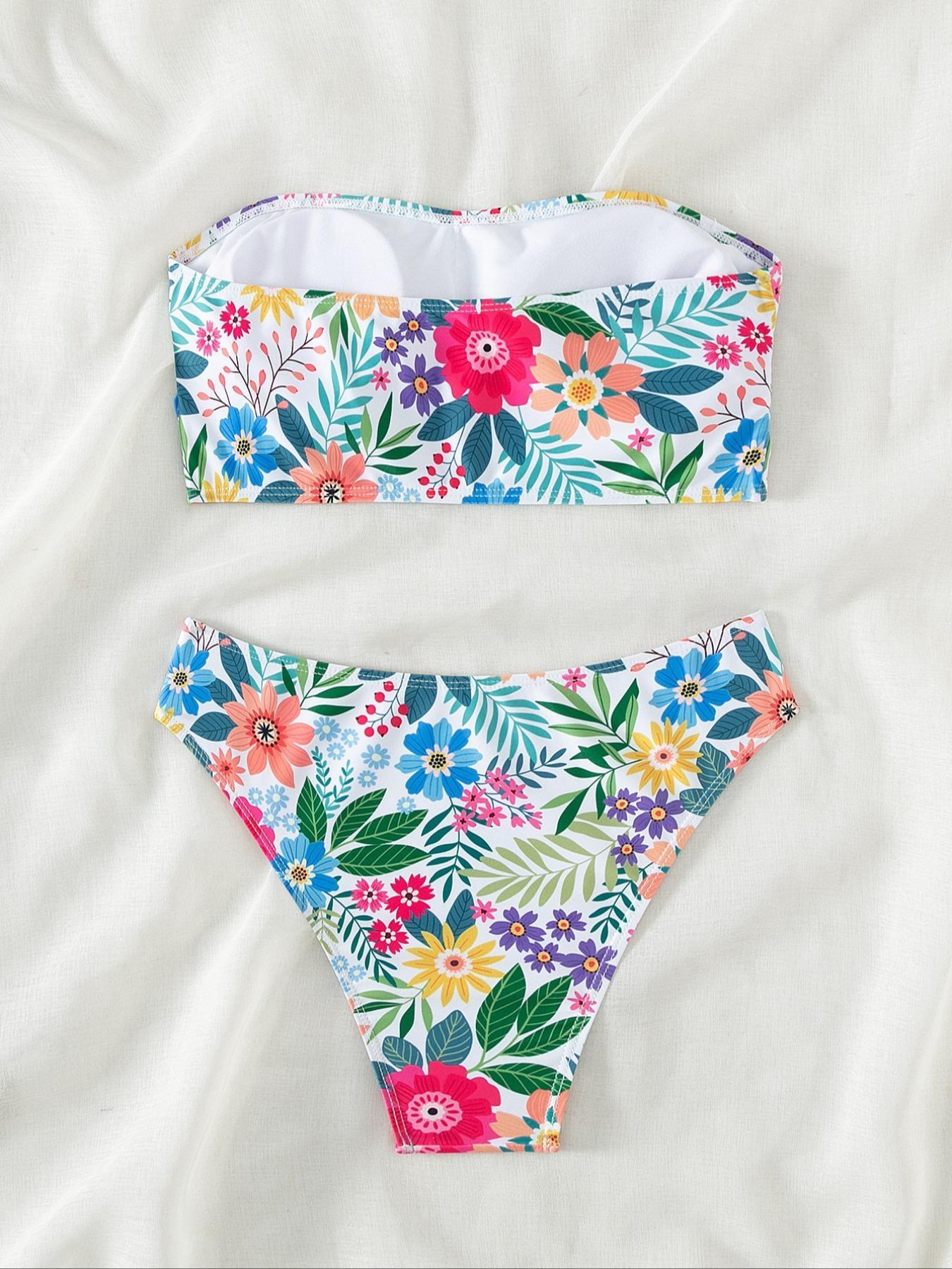 Women's Floral Print Bikini Set, Boho Fashion Sleeveless Swim Tube Top & Swim Bottom for Summer, Tropical Print Swimsuit, Ladies Swimwear for Beach Holiday Vacation