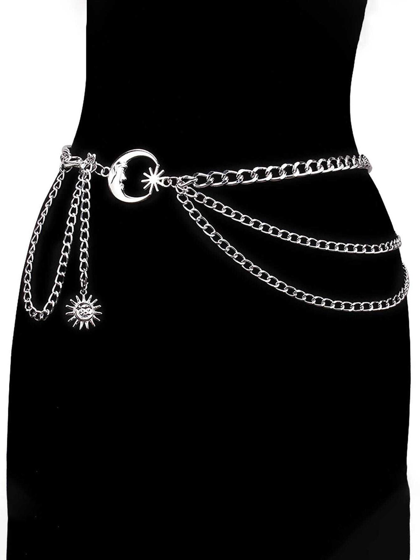 Women's Moon Design Layered Belts, Fashionable Rhinestone Decorated Adjustable Belt for Jeans & Dress, Casual Waistband for Daily Clothing Decor, Trendy All-match & Exquisite Belt for Birthday Gift, New Punk Boho Style Statement Belts, Star Decorated Belt