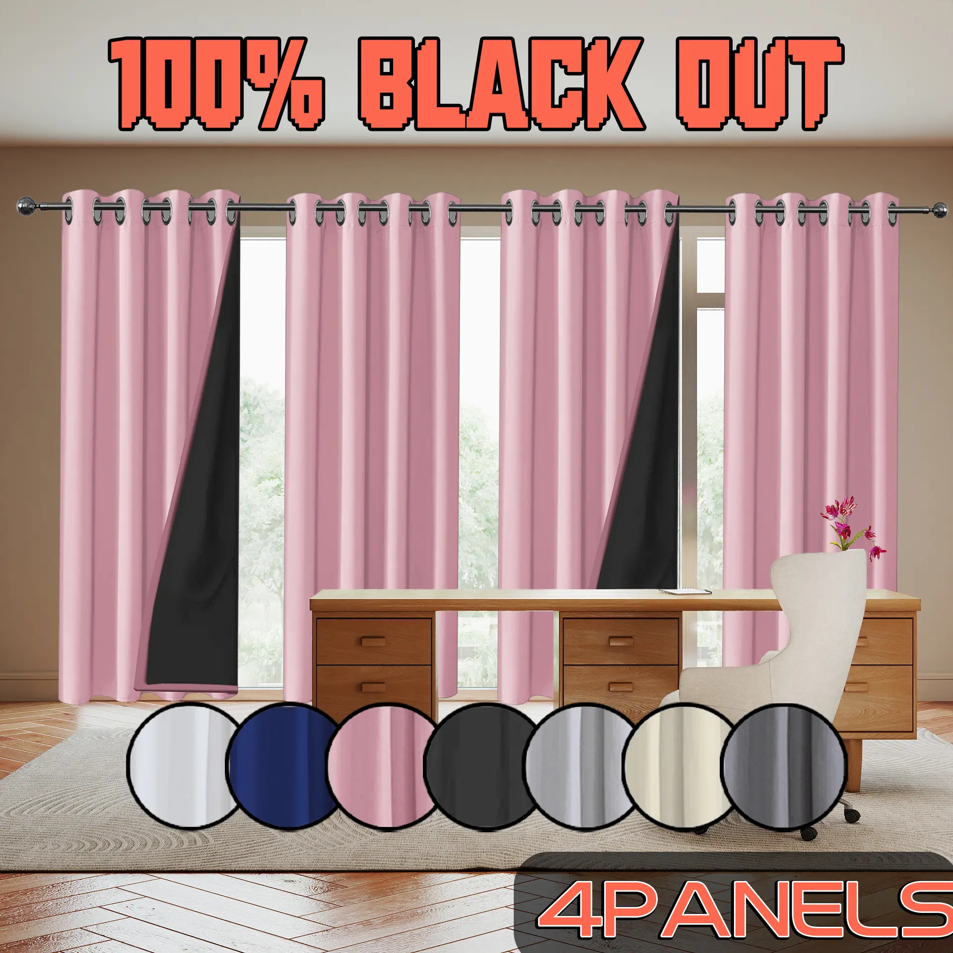 4 piece， 100% blackout curtains, noise reducing and heat-insulating curtains, hanging with perforated top grommets, made of polyester material and coated with film technology, easy to hang, suitable for various occasions.