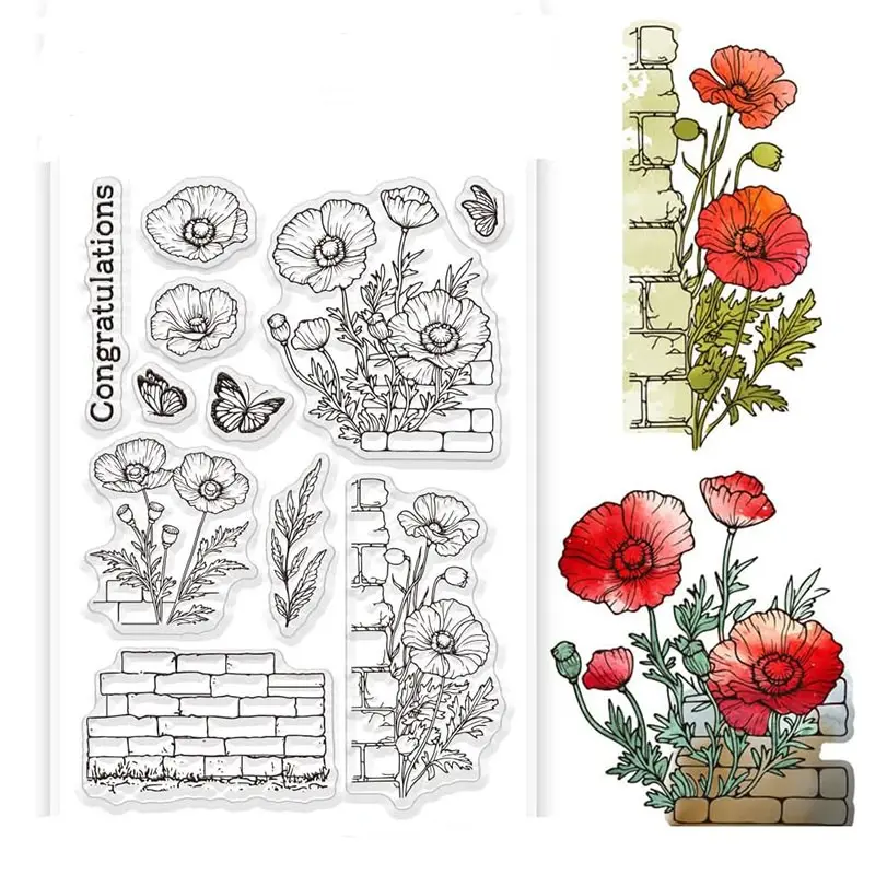 Poppies Pattern Transparent Stamp, Flower Shape Silicone Stamp, Butterfly Design for DIY Craft Cards, Creative Handmade Supplies