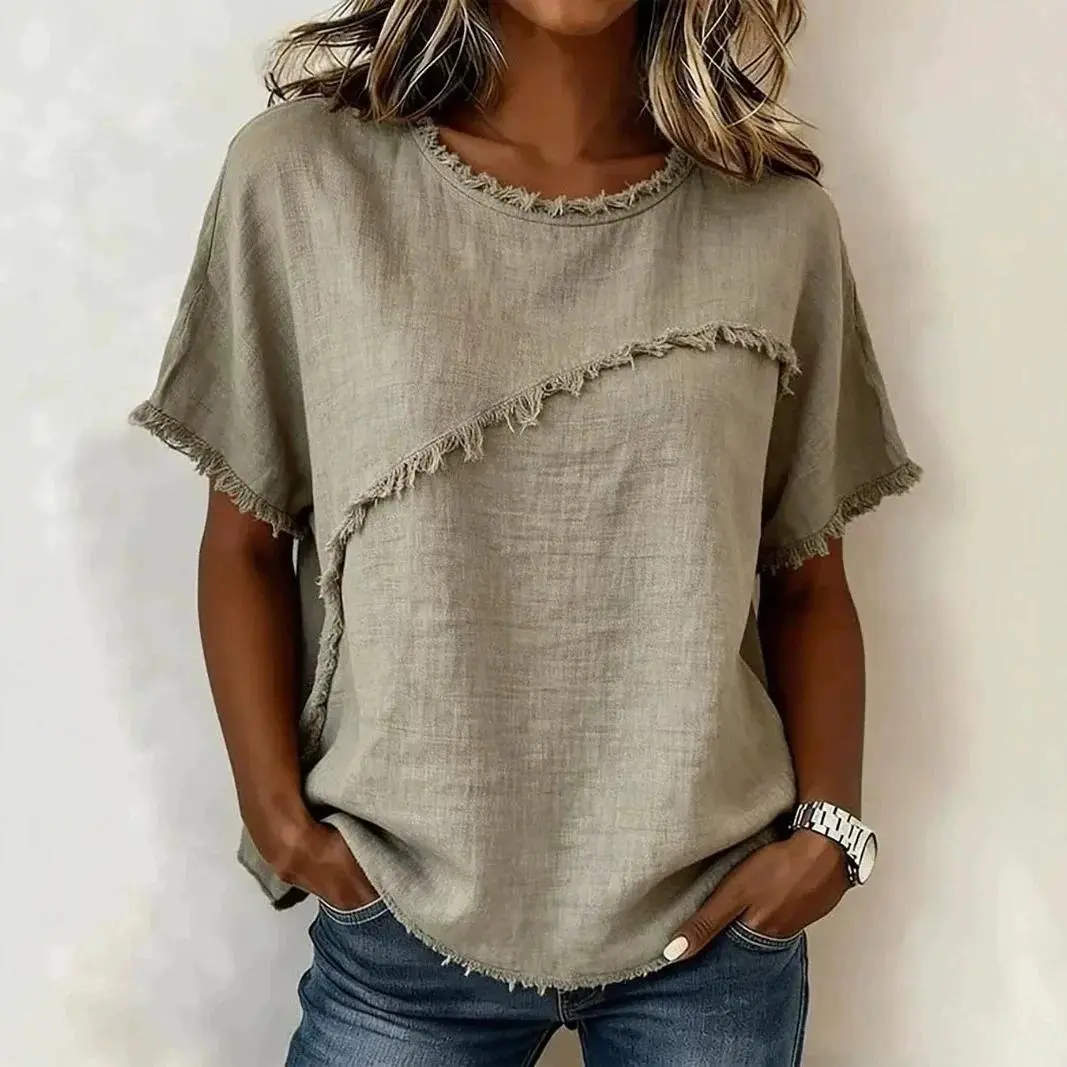 2026 New Summer Casual Loose Short-Sleeve Top with Raw Edge, Crew Neck
