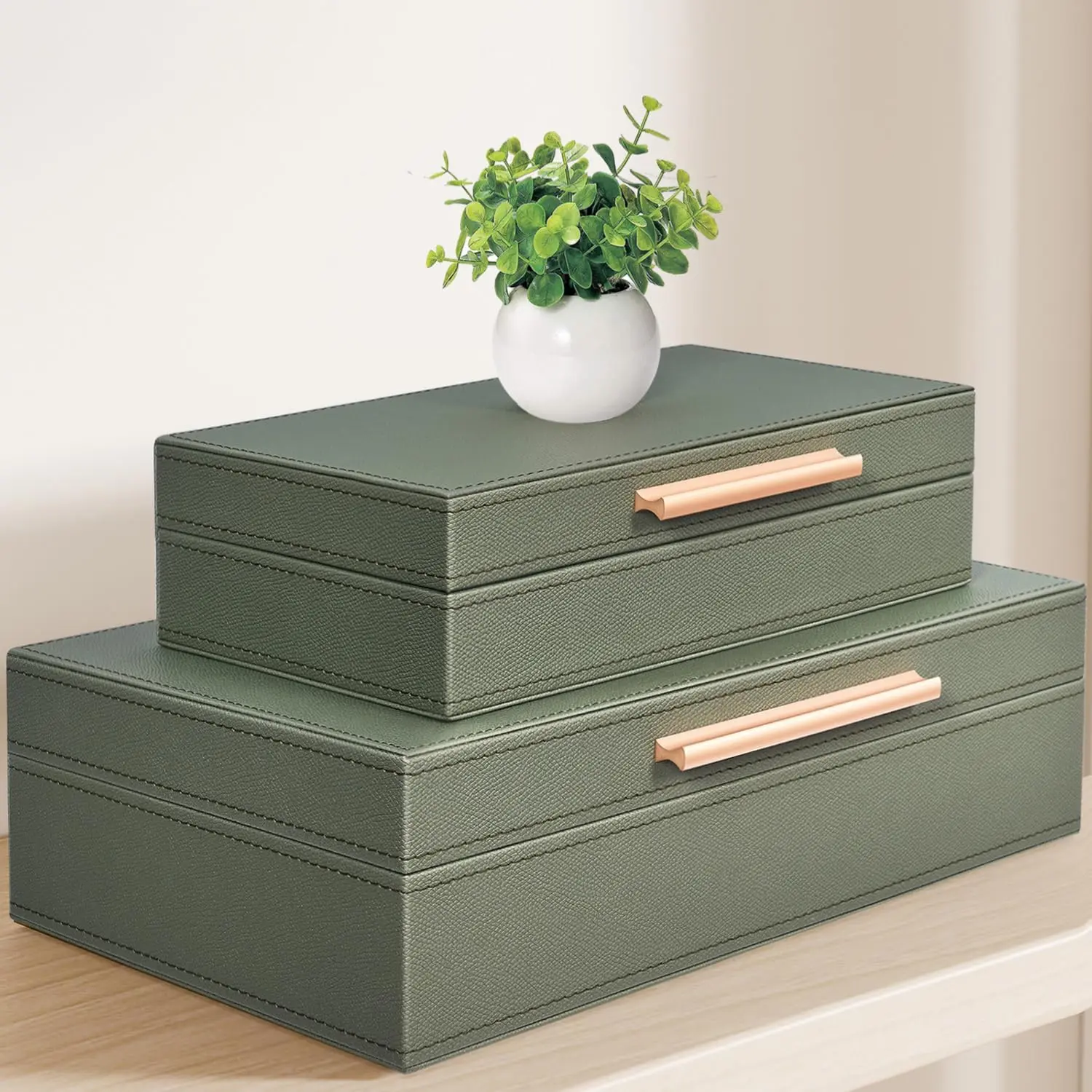 Decorative Box, Decorative Boxes with  2-Set, Memory Box for Keepsakes | Beautiful PU Leather Decorative Storage Boxes in Style, Decor Box with Rose Metal Handle, Store Photos, Documents Green