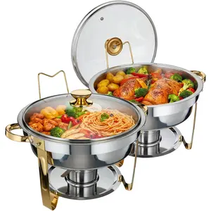Professional Buffet Chafing Dish Set – Round 5L Stainless Steel Food Warmers with Glass Lids & Fuel Holder – Rustproof, Easy-Clean Catering Cookware for Hotels, Restaurants, Parties, Weddings – Set of 2, Gold-party gift