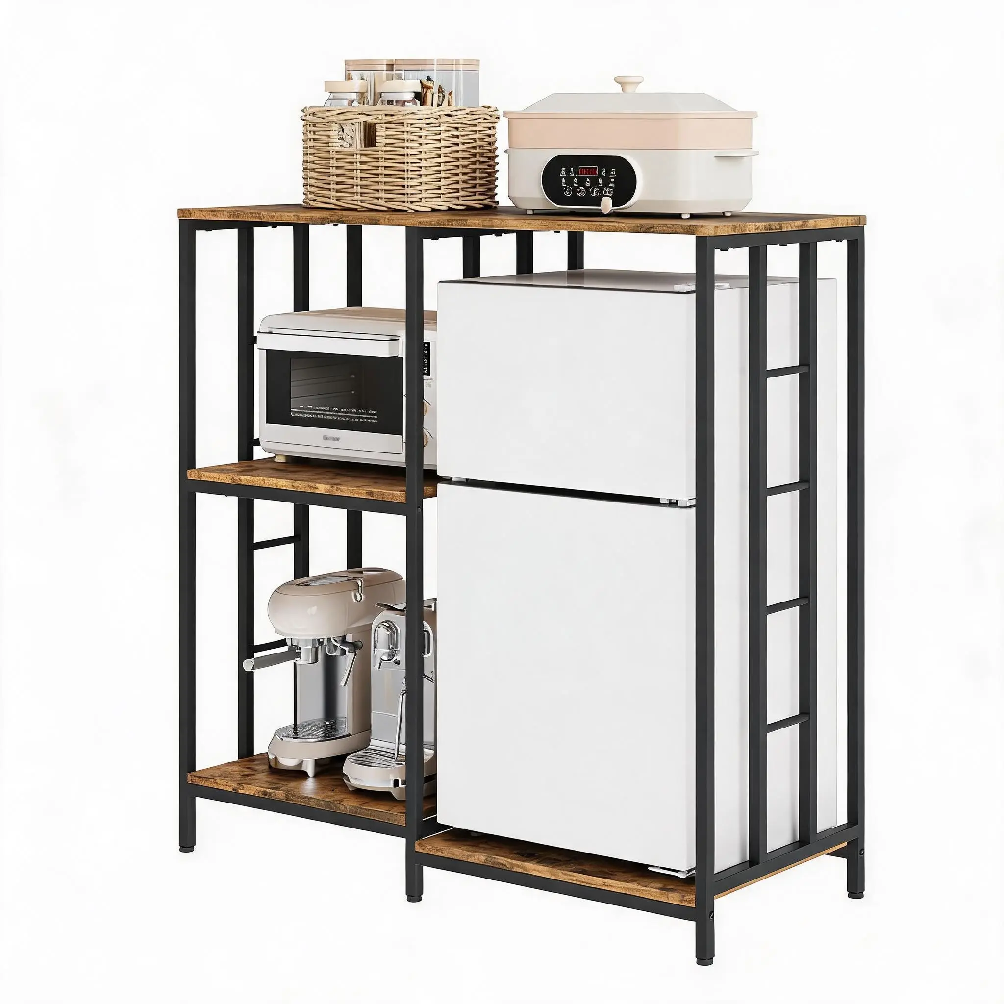 Baker’s-style kitchen rack for oven/microwave – 3-tier, metal and wood, with shelves and storage – for microwave and mini-fridge, freestanding – Color: Refrigerator rack style
