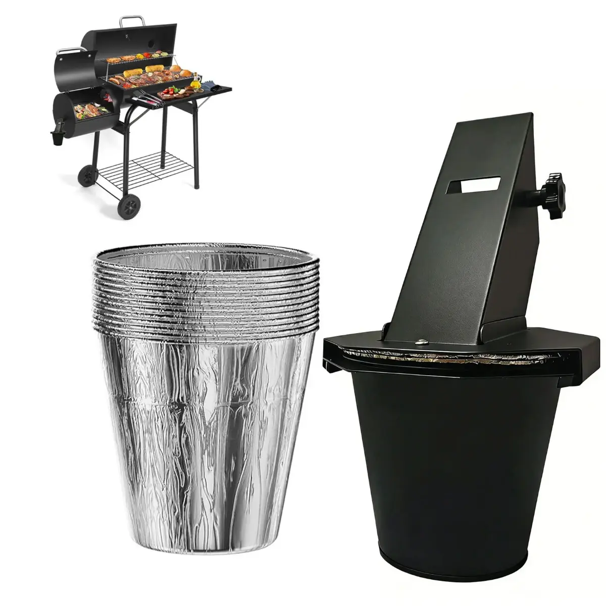 Upgraded Grease Bucket with Lid and 12 Liners, Drip Bucket for Smokers and Grills, Easy-Clean Grease Catcher Cooking