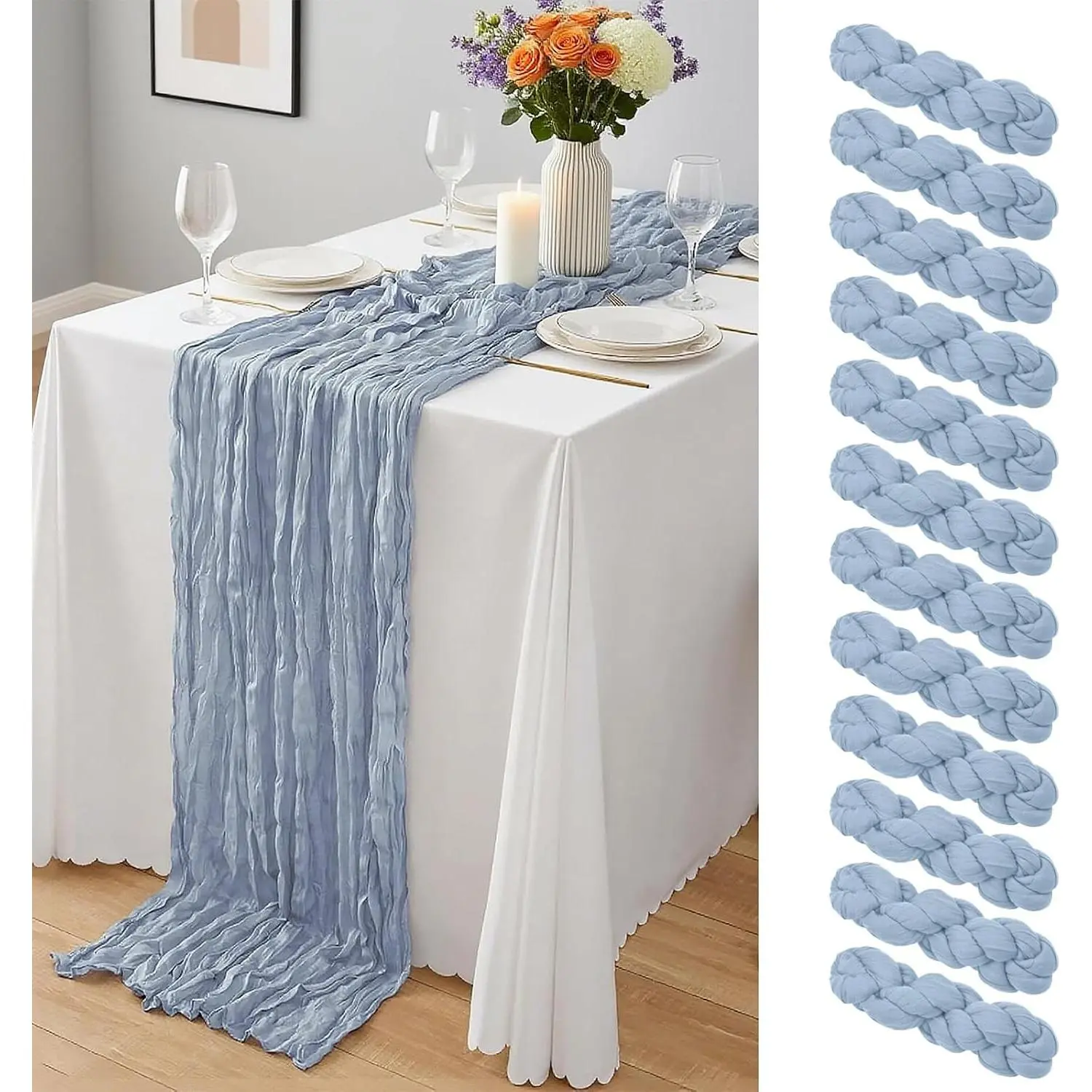 12 Pack Dusty Blue Cheesecloth Table Runner 10Ft, Gauze Table Runners 21.5 x 120 inch,Semi Sheer Cheese Cloth Fabric Runner Bulk for Wedding,Party,Baby Shower,Bridal Shower