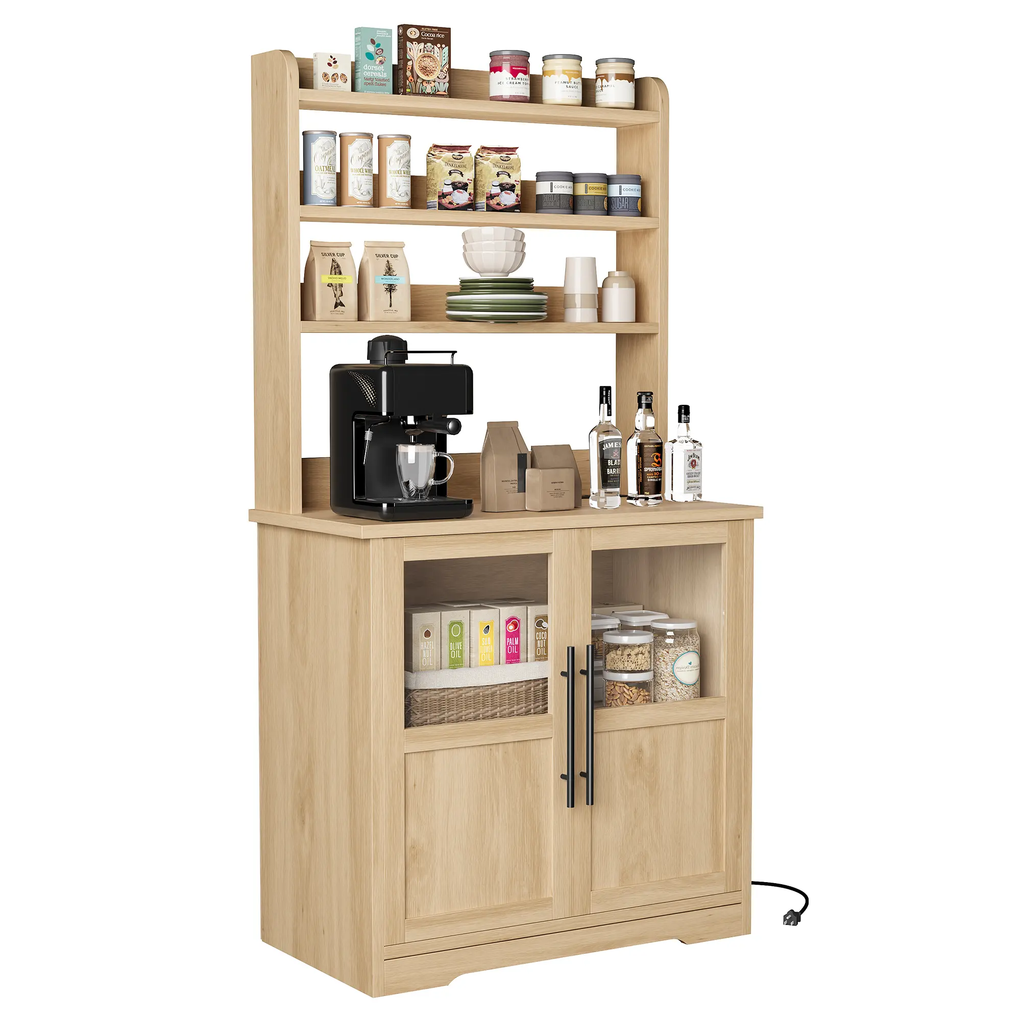Kitchen Bakers Rack with Power Outlet – Coffee Bar Station, Microwave Stand, 150LBS Capacity