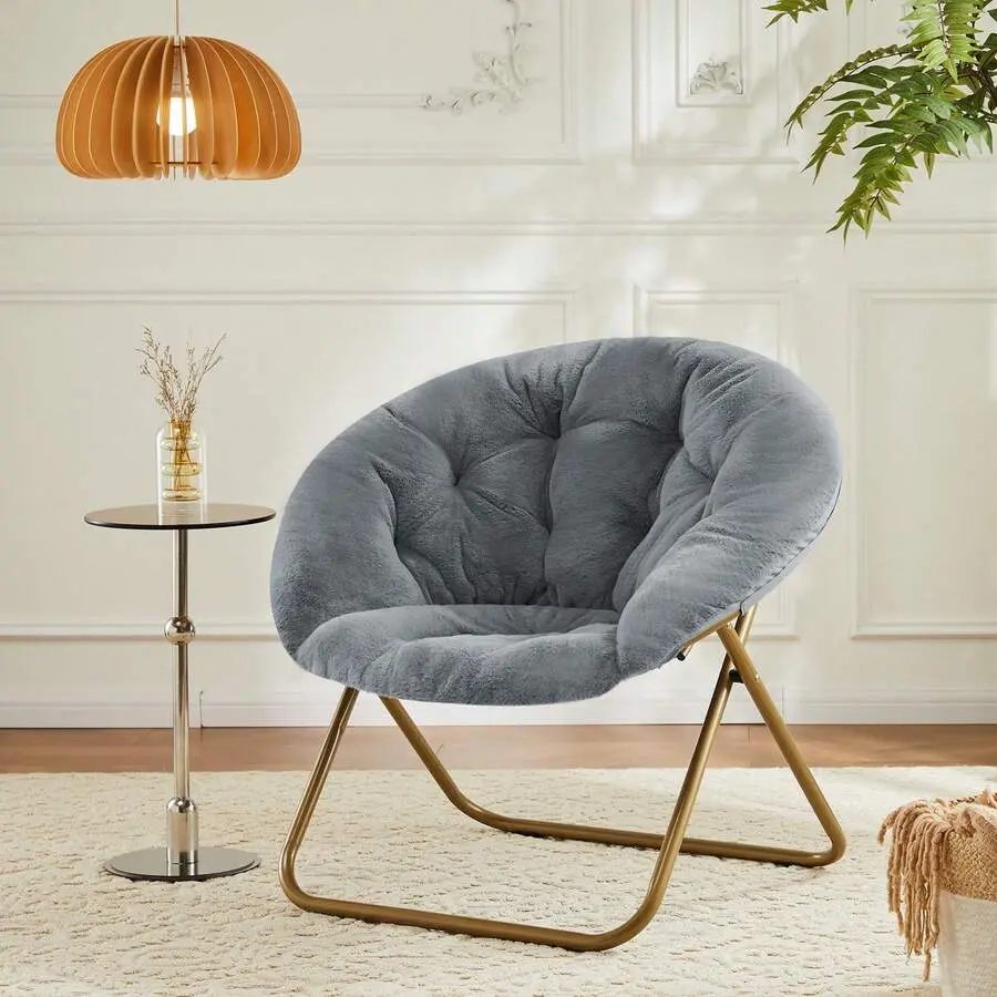 Comfy Saucer Chair, Faux Fur Lounge Seasting XL Circle Chair Bedroom, Dorm & Gaming, Foldable Fashion Accent Seat Small Spaces, Folding Moon/Mushroom/Round Oversized Style
