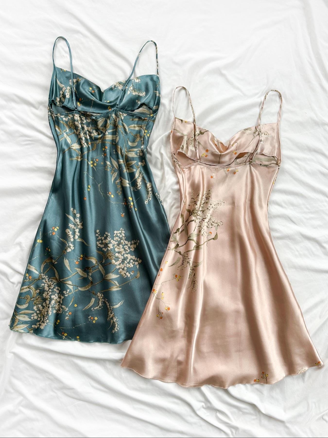 Women's Floral Print Satin Cami Nightdress, Fitted Draped Spaghetti Strap Sleeveless Nightgown, Soft Comfy Aesthetic Sleepwear Loungewear Set for Women