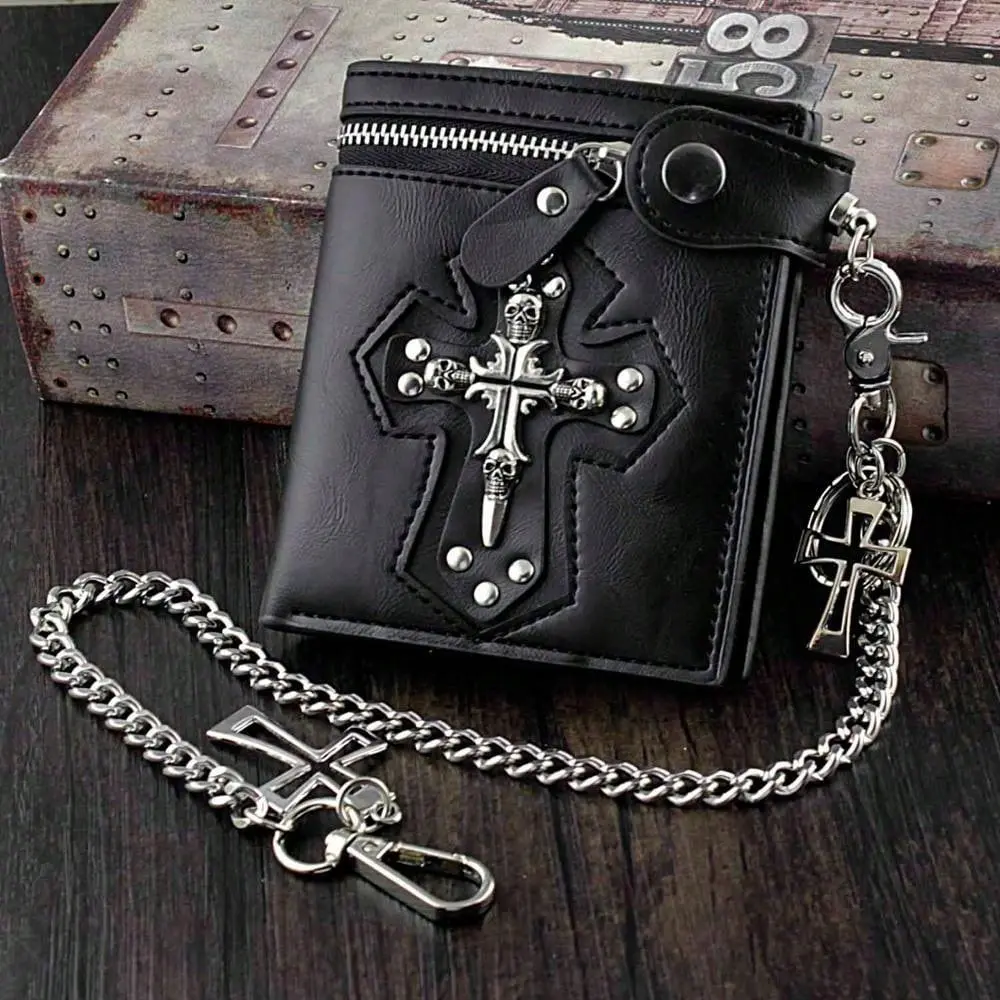 Mens Gothic Cross Clasp Leather Wallet with Antique Biker Chain Black