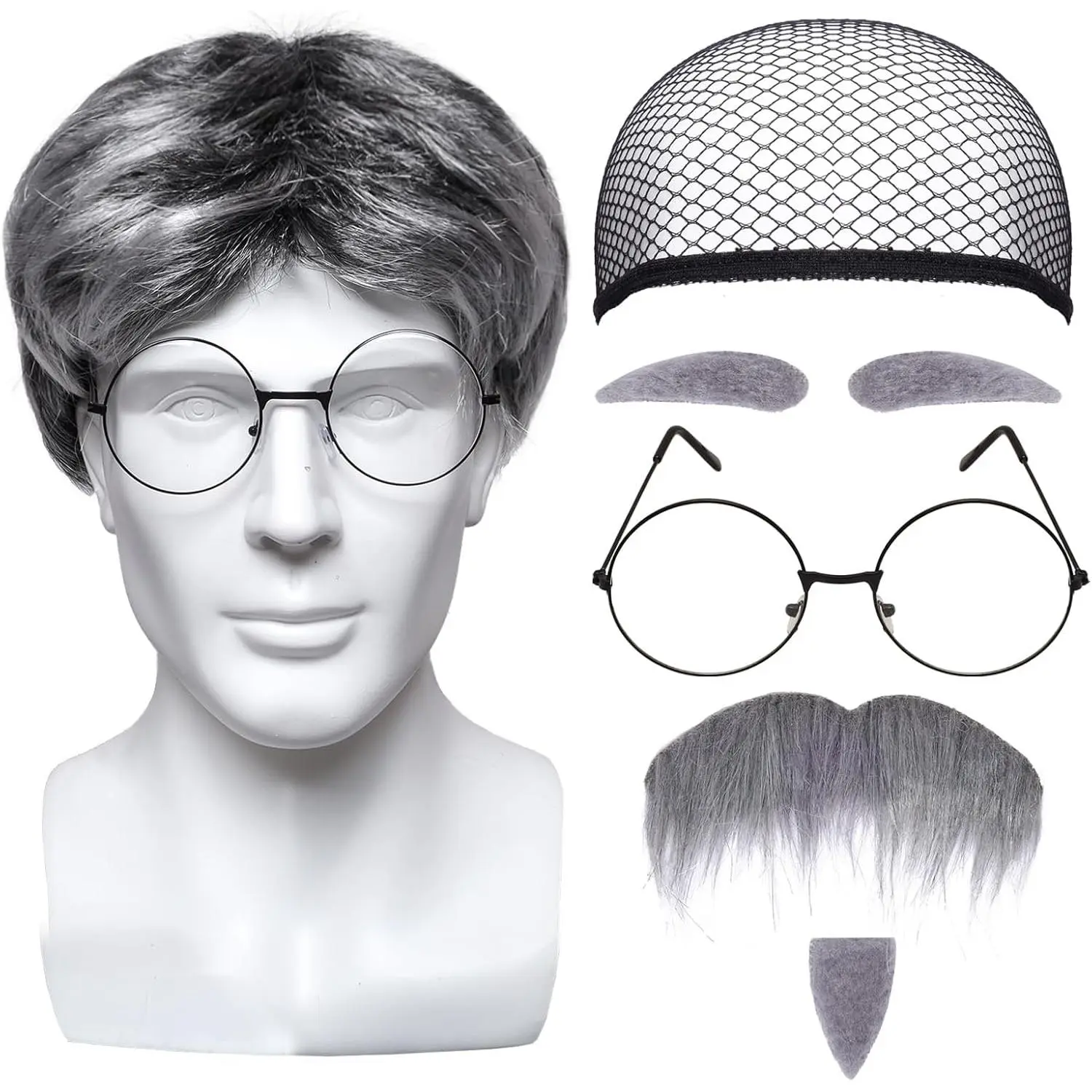Old Man Costume Set, 4-Piece Adult Unisex Cosplay Accessories with Wig, Glasses, Fake Beard & Eyebrows - Halloween Character Beauty Products