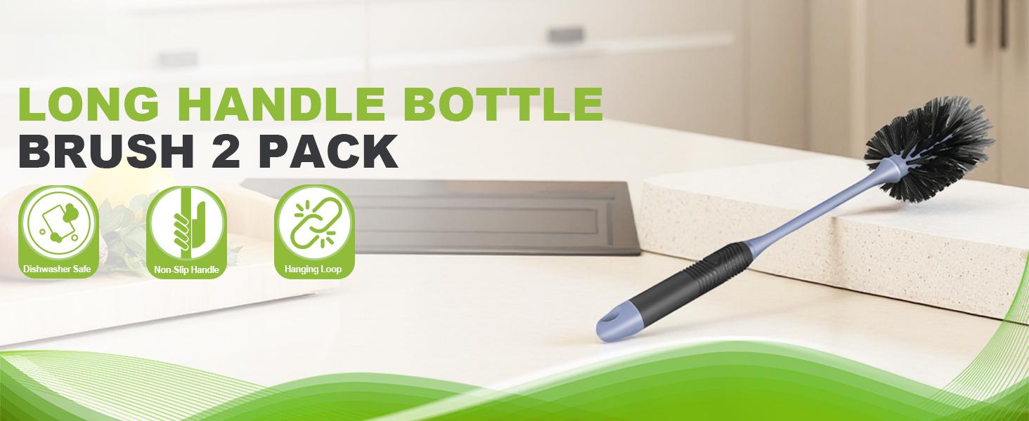 Long Handle Bottle Brush Set, 2-Pack Flexible Nylon Scrub Brushes for Reusable Water Bottles, Cleaner for Thermos, Tumblers, Glassware & Mugs - Black