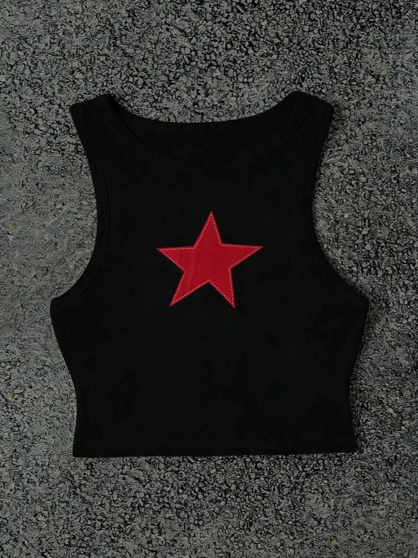 Y2K red star print white cropped tank top, sleeveless U-neck, soft and comfy basic camisole, retro 90s street style Vibe, cute and trendy Chic for summer casual everyday wear/club party outfit. #Y2KTop