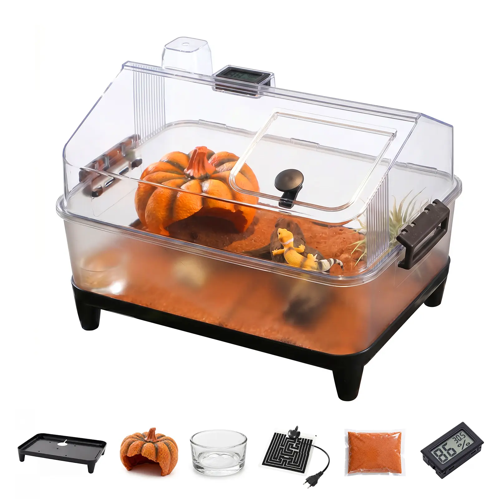 Small Reptile Enclosure Starter Kit, Acrylic Reptile Terrarium with Hideout, Food Bowl, Heating Pad & Hygrometer for Lizard or Hermit Crabs