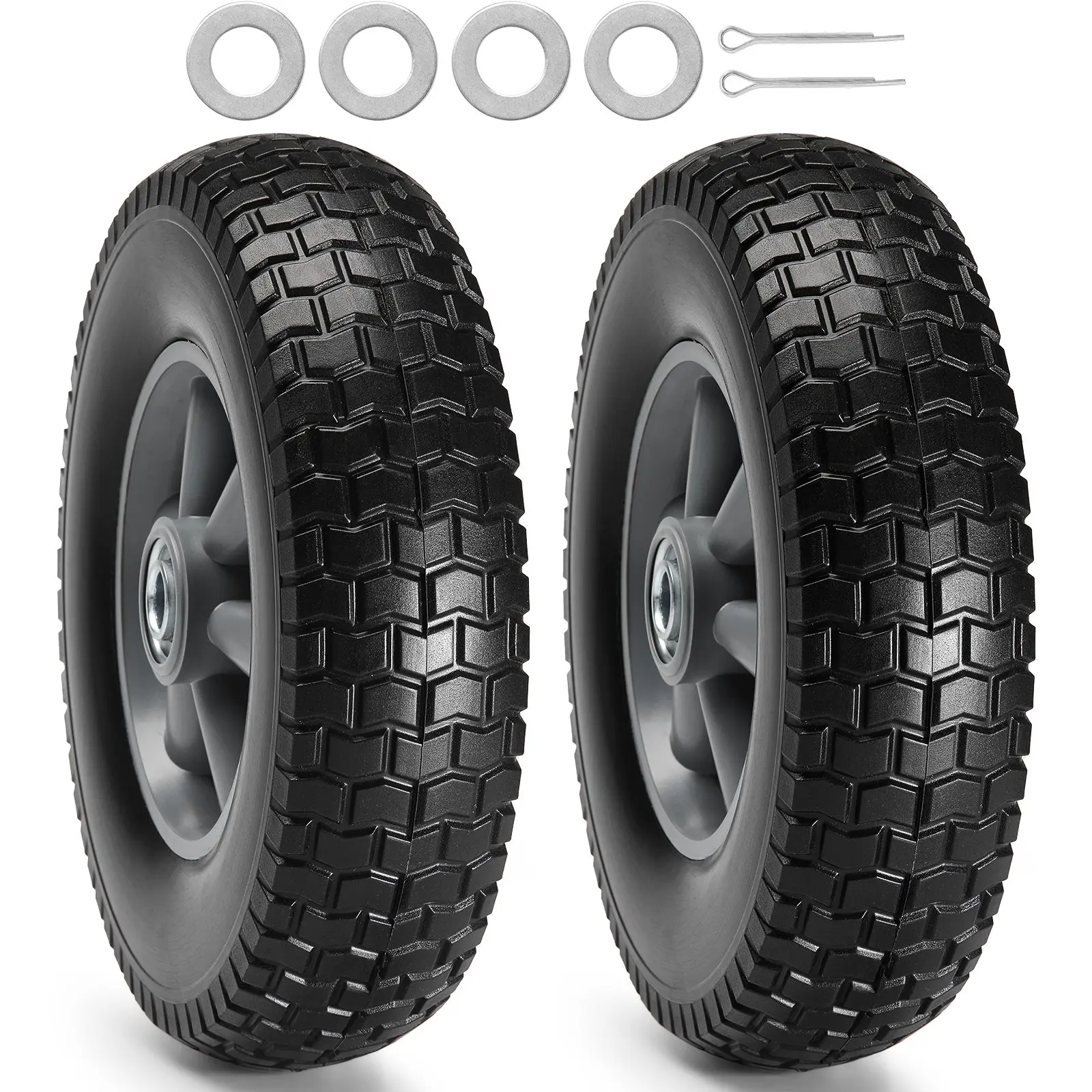 【toolupgrade】VEVOR 2-Pack 10-Inch All-Seasons Polyurethane (PU) Solid Run-Flat Tubeless Tire Wheels, 180 lbs Dynamic Load, 220 lbs Static Load, Easy Install, Deep Patterns, Flat Washers & Open-End Pins Included, for Hand Truck, Transportation