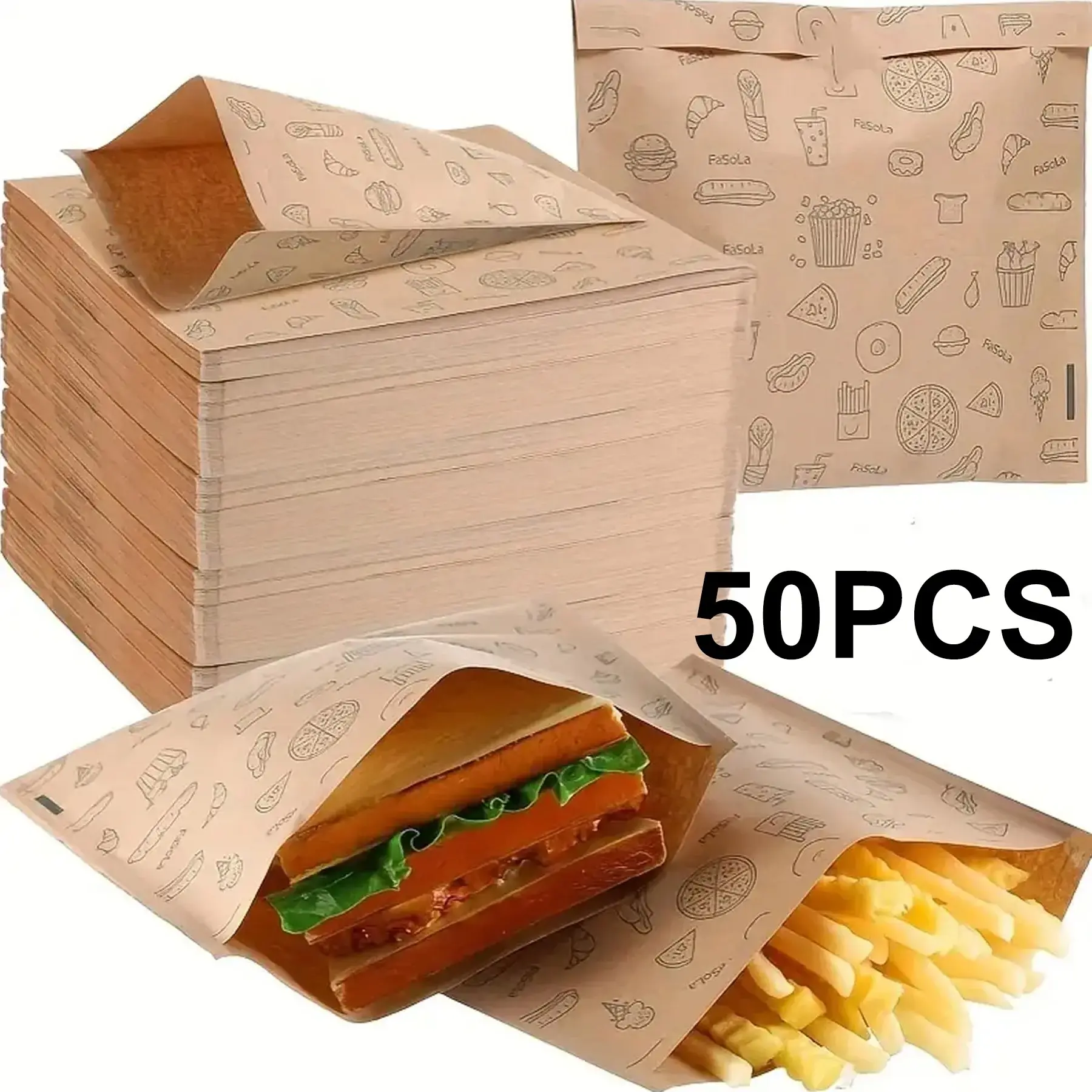 Printed Cowhide Paper Food Packaging Bags, Barbecue Pancakes Disposable Paper Bags, Dust-Proof and Oil-Proof Paper Bags