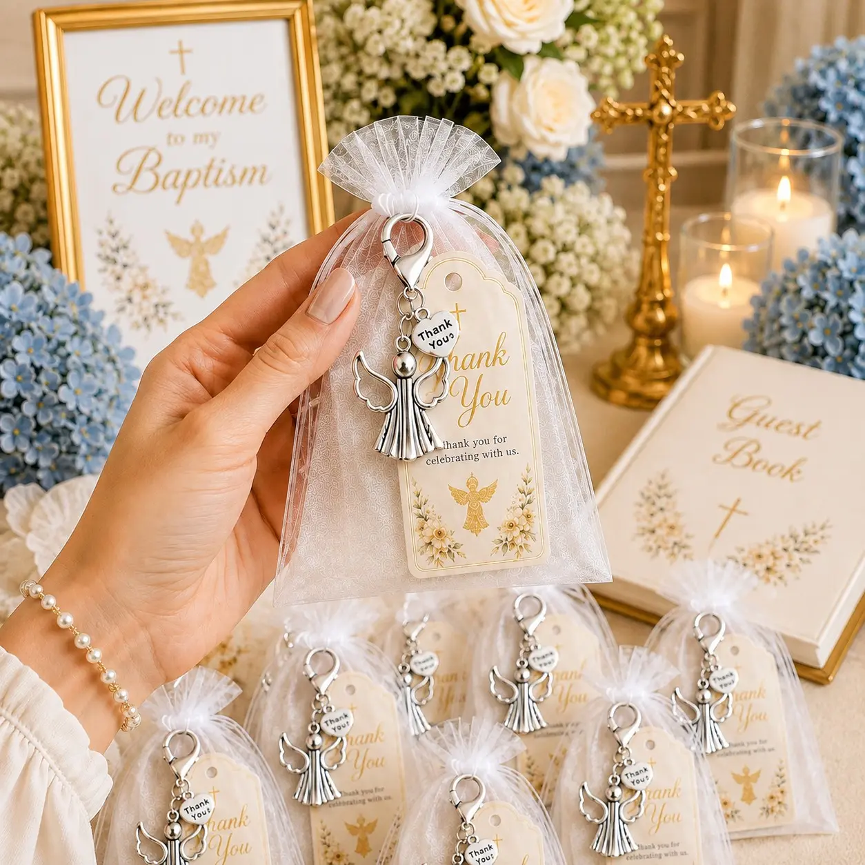 10/20 Sets Baptism and Christening Favors for Guests, Silver Guardian Angel Keychains with White Organza Gift Bags and Thank You Cards, Baby Shower Favors, First Communion, Confirmation, Church Celebration, Religious Party Keepsakes