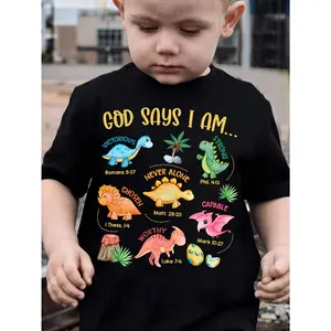 Summer Boys' Fashion T-Shirt God Says I Am... Letter Print Multi-Style Dinosaur Pattern Series Kids' Cute Short Sleeve T-Shirt Casual Top
