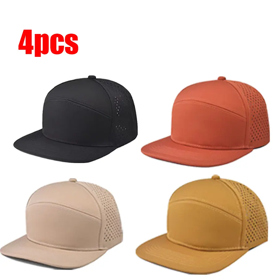 4 Pack Blank 7‑Panel Flat Bill Snapback Hats, Laser Perforated Breathable Side Mesh Caps, Adjustable Unisex Plain Baseball Hats for Embroidery Heat Press Customization