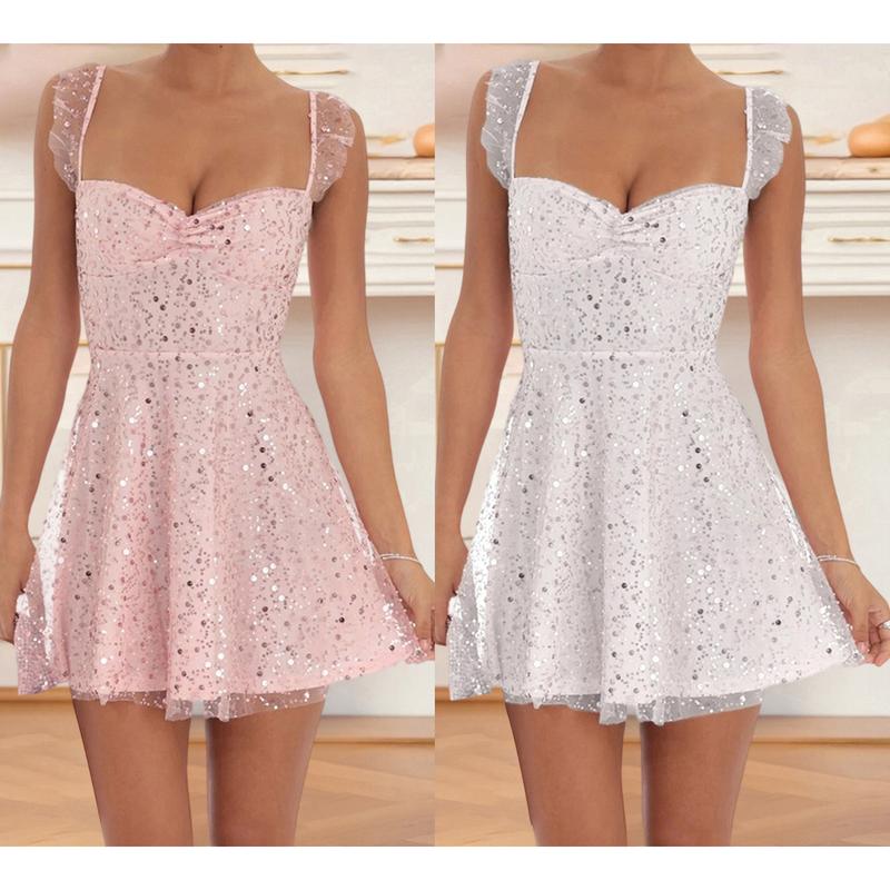 Women Slip Dress, Sleeveless Backless Tie-up Shiny Sequins A-line Dress Summer Mini Dress