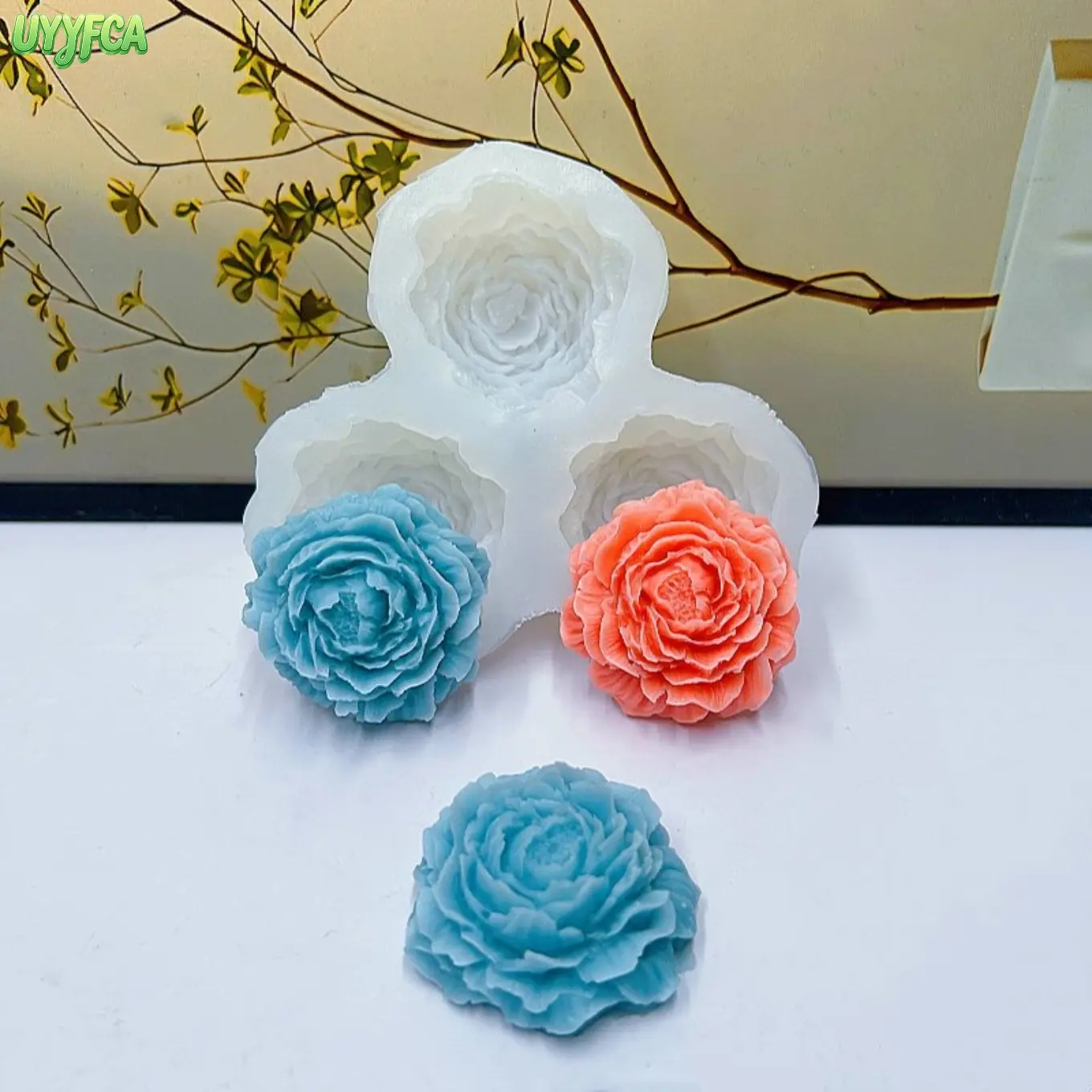 Peony Shape 3-Piece Food-Grade Silicone Mold - Multiple Cavities, 3D Detailed Relief, Non-Stick, Flexible, Reusable DIY Bag Accessory for Candle Making Supplies, Wedding Cake Decor, Diy Projects, Relief Detail, Reusability, 3-Cavity