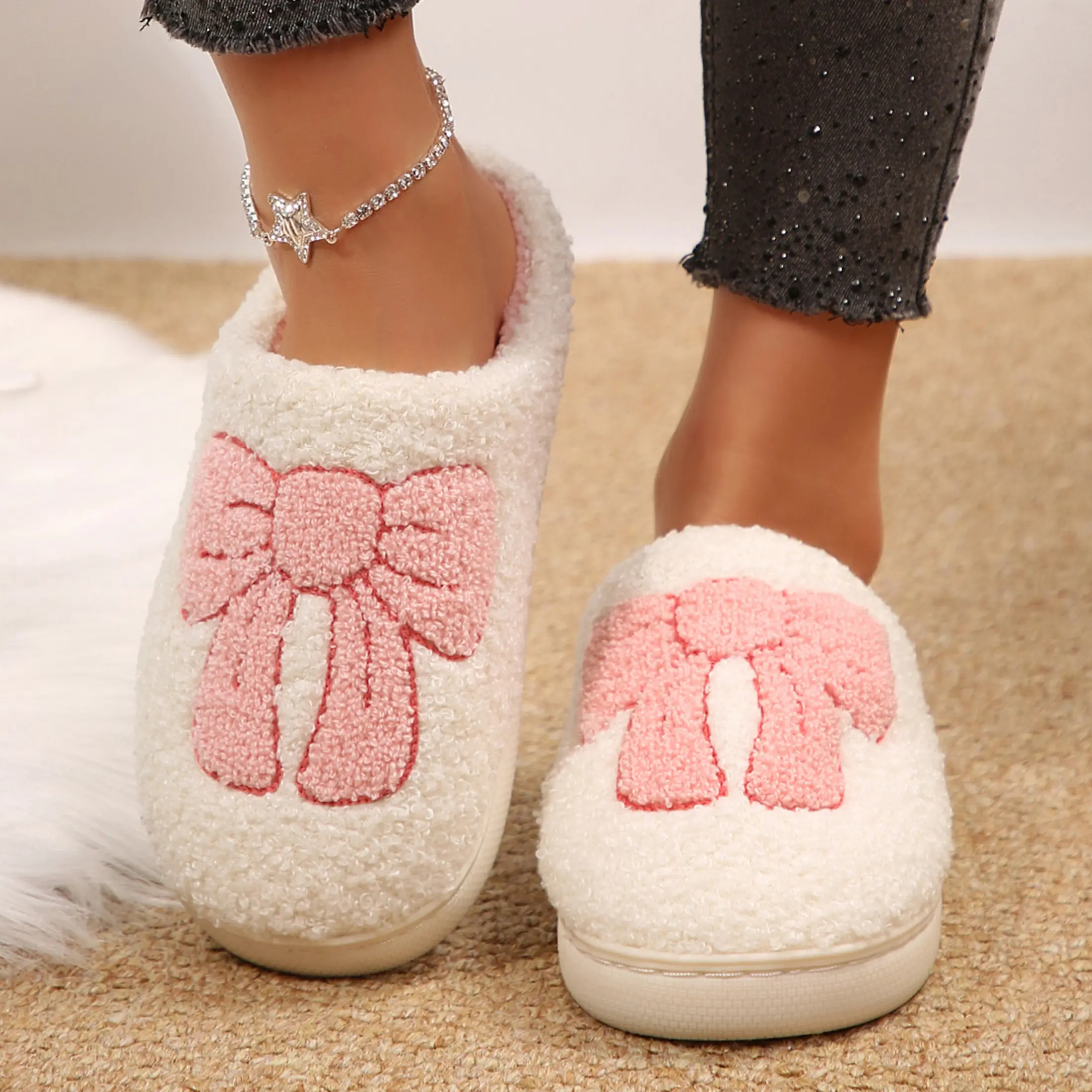 Women's White Curly Fleece Slippers Bow Closed Toe Indoor Non Slip Walking Slippers