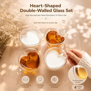 4 Pack Heart Shaped Double Walled Glass Mugs, Heat Resistant Borosilicate Coffee Cups for Latte Tea Hot & Cold Beverage