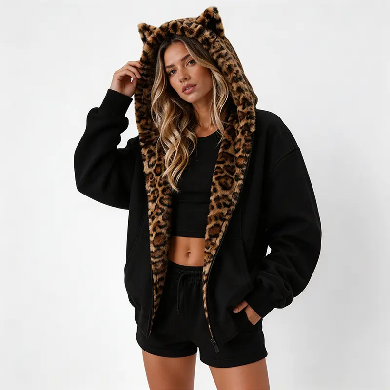 Y2K American Vintage Leopard Print Cat Ear Hooded Jacket, Women Oversized Zip‑Up Lined Coat, Fall Winter Thick Warm Loose Hoodie Outerwear Unisex Casual Streetwear