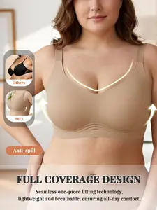 Curvy Full Figure No Show Under Tight Clothes Bra, Integrated Jelly Lift Structure Seamless Zero Bulge Light Neutral Nude Tone Anti Spillage High Side Panels Wireless Layering Undergarment