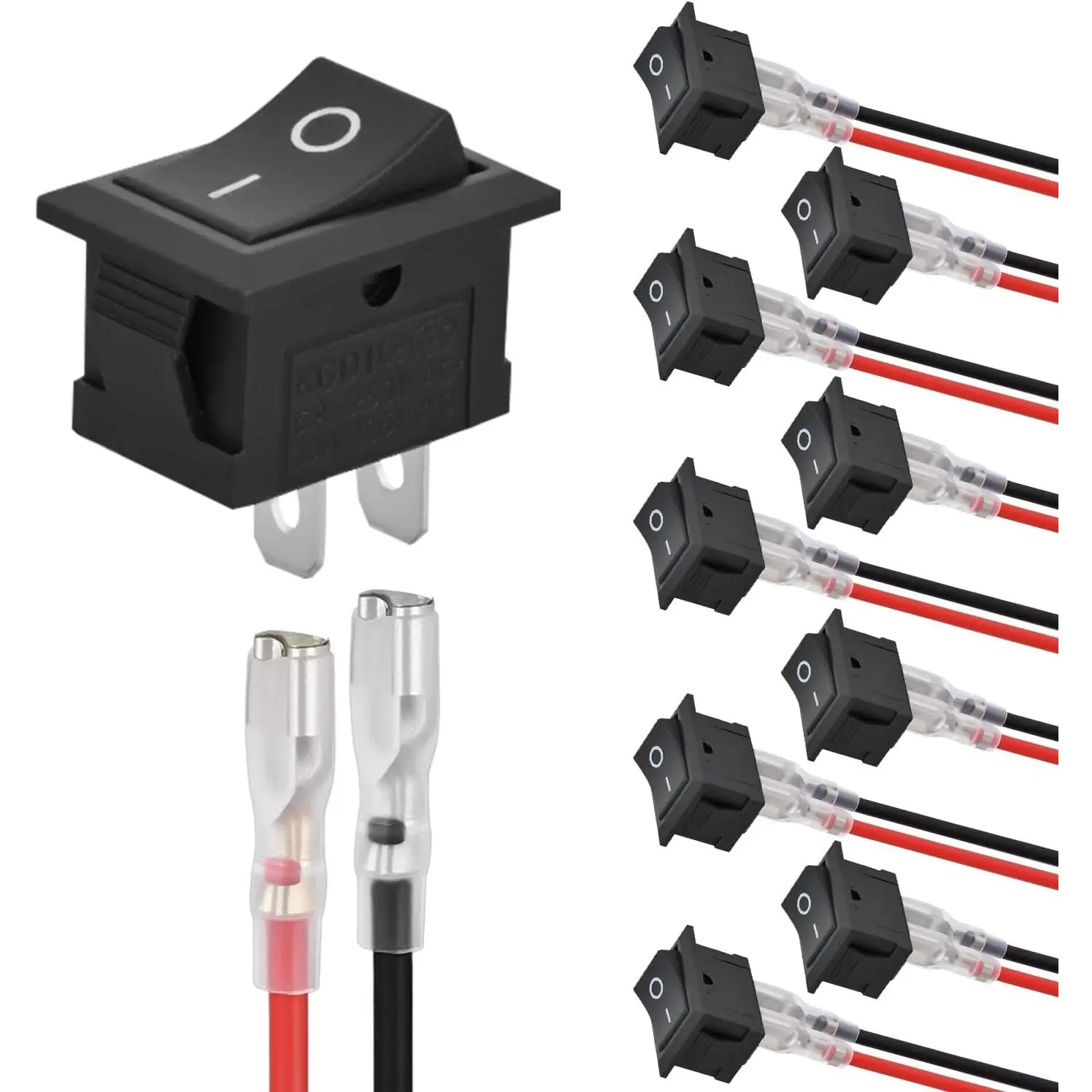 Nilight 10PCS Mini ON/Off 2-Pin SPST Rocker Switch Kit, 12V 20A/125V 10A KCD1 T125 with 20PCS Wires, ABS, Silver-Plated Terminals, Snap-In Design, Impact & Heat Resistant, Flexible for Car & Household Appliance Use