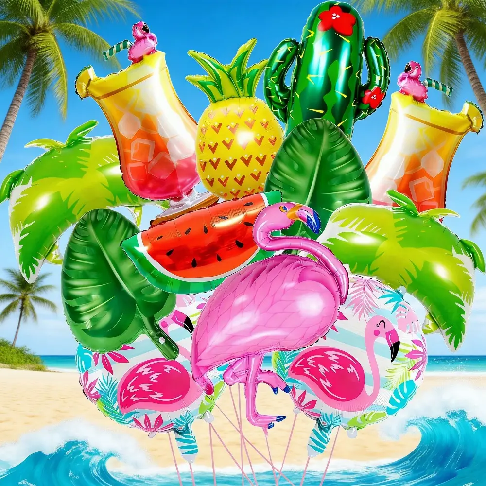 14-Piece Tropical Hawaii Party Balloons Set, Hawaiian Colorful Aluminum Balloons, Beach Birthday Party Decor, Summer Festival Decoration, Party Balloons Decorations